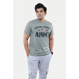 Grey cotton half-sleeve printed crew neck men's t-shirt with typographic design, relaxed fit on model