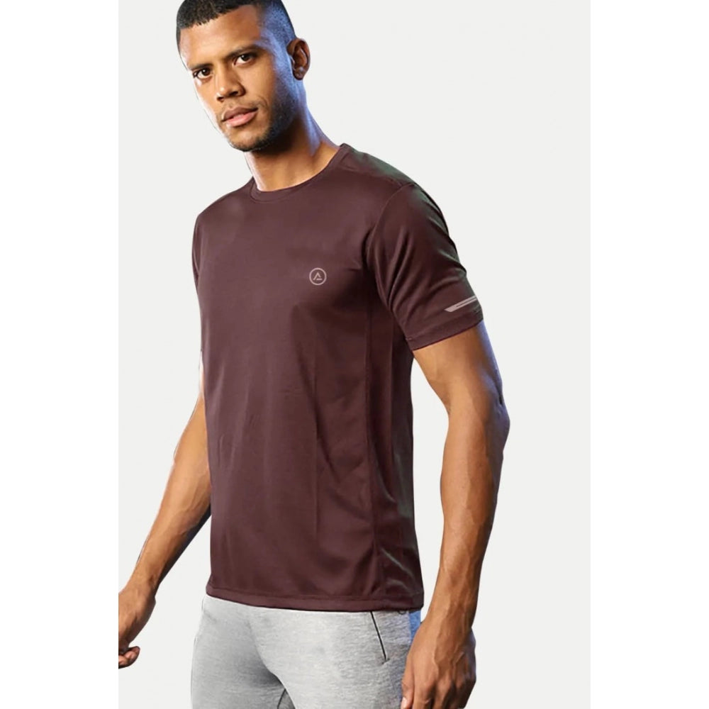 Maroon solid polyester men's casual half sleeve crew neck t-shirt with regular fit, wearable attire on display