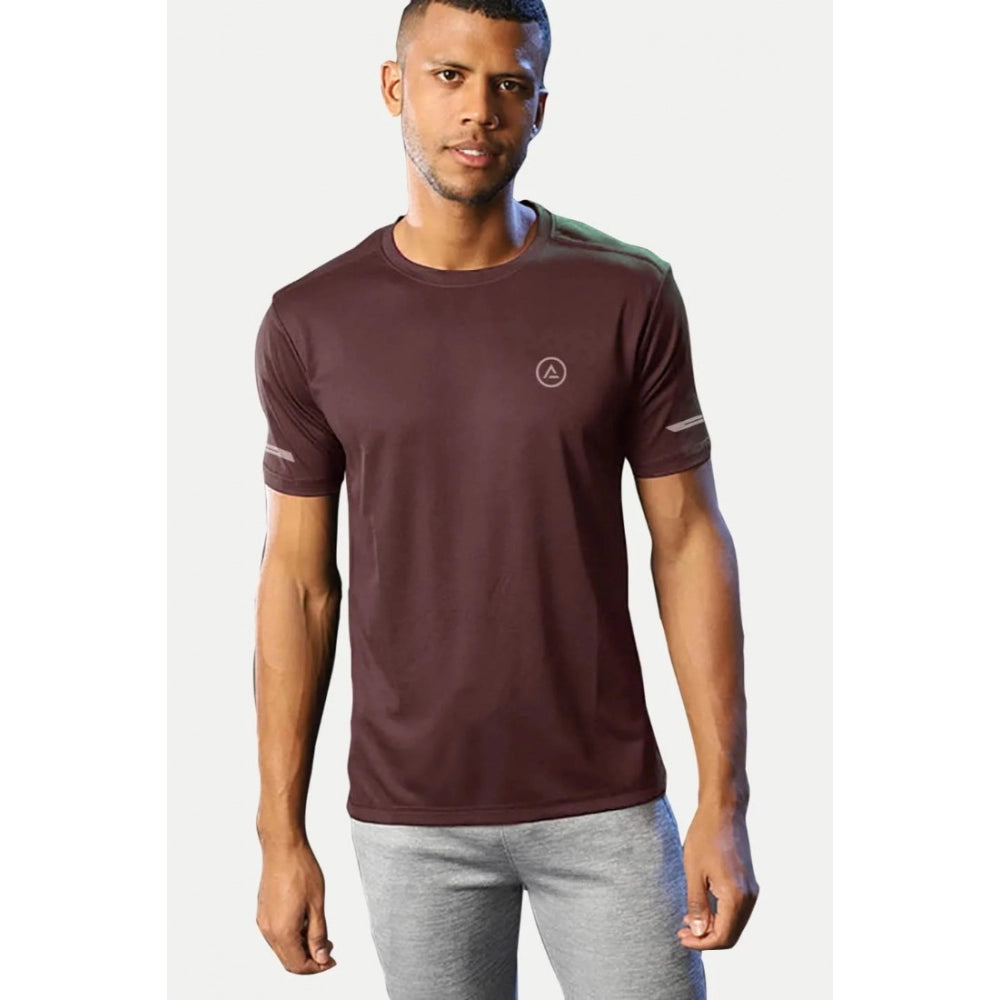 Maroon solid polyester men's casual half sleeve crew neck T-shirt on hanger