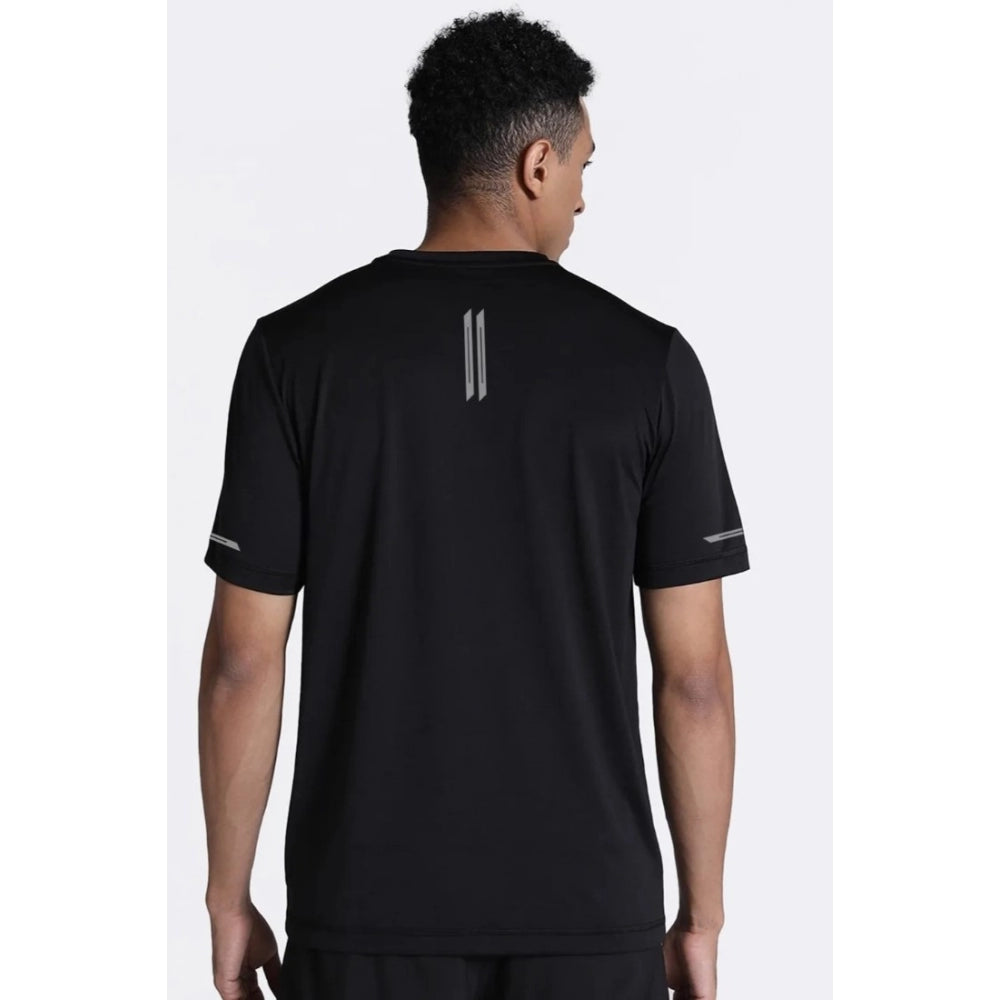Black polyester men's casual half-sleeve crew neck solid T-shirt with regular fit - on mannequin