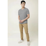 Grey Melange cotton men's casual half sleeve V-neck t-shirt - regular fit solid design