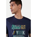 Navy half-sleeve printed typographic men's crew neck T-shirt (comfort fit) on model