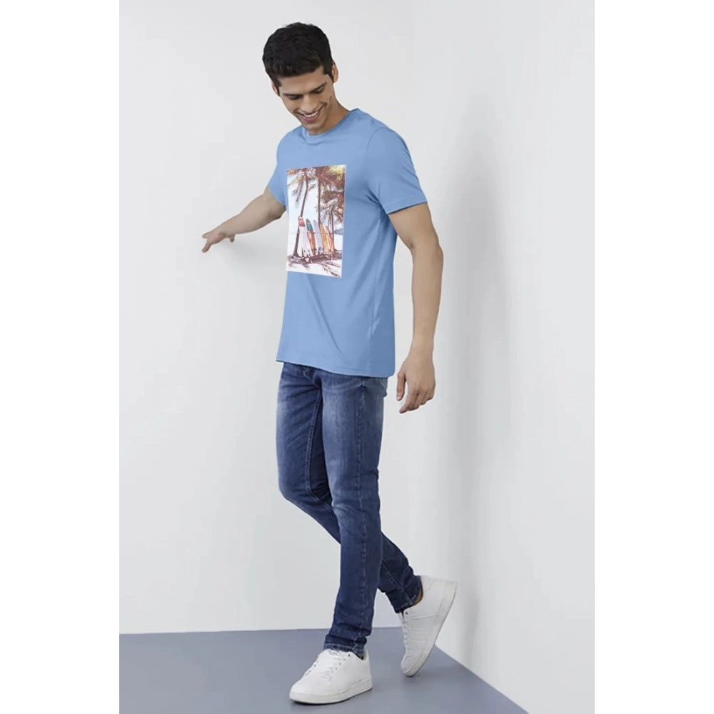 Sky Blue digital printed cotton men's casual half sleeve crew neck t-shirt on hanger