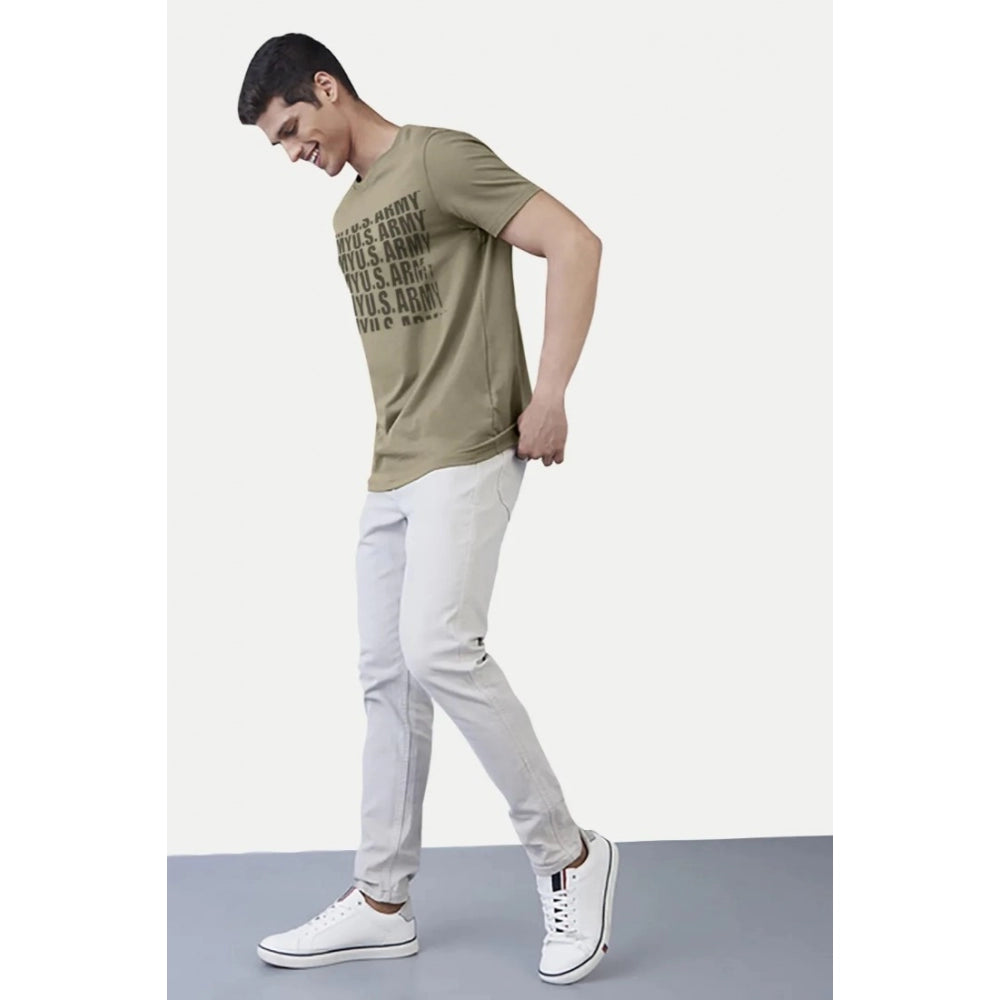 Green cotton casual half sleeve printed crew neck t-shirt with typographic pattern for men's relaxed fit style