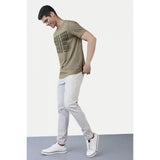 Green cotton casual half sleeve printed crew neck t-shirt with typographic pattern for men's relaxed fit style