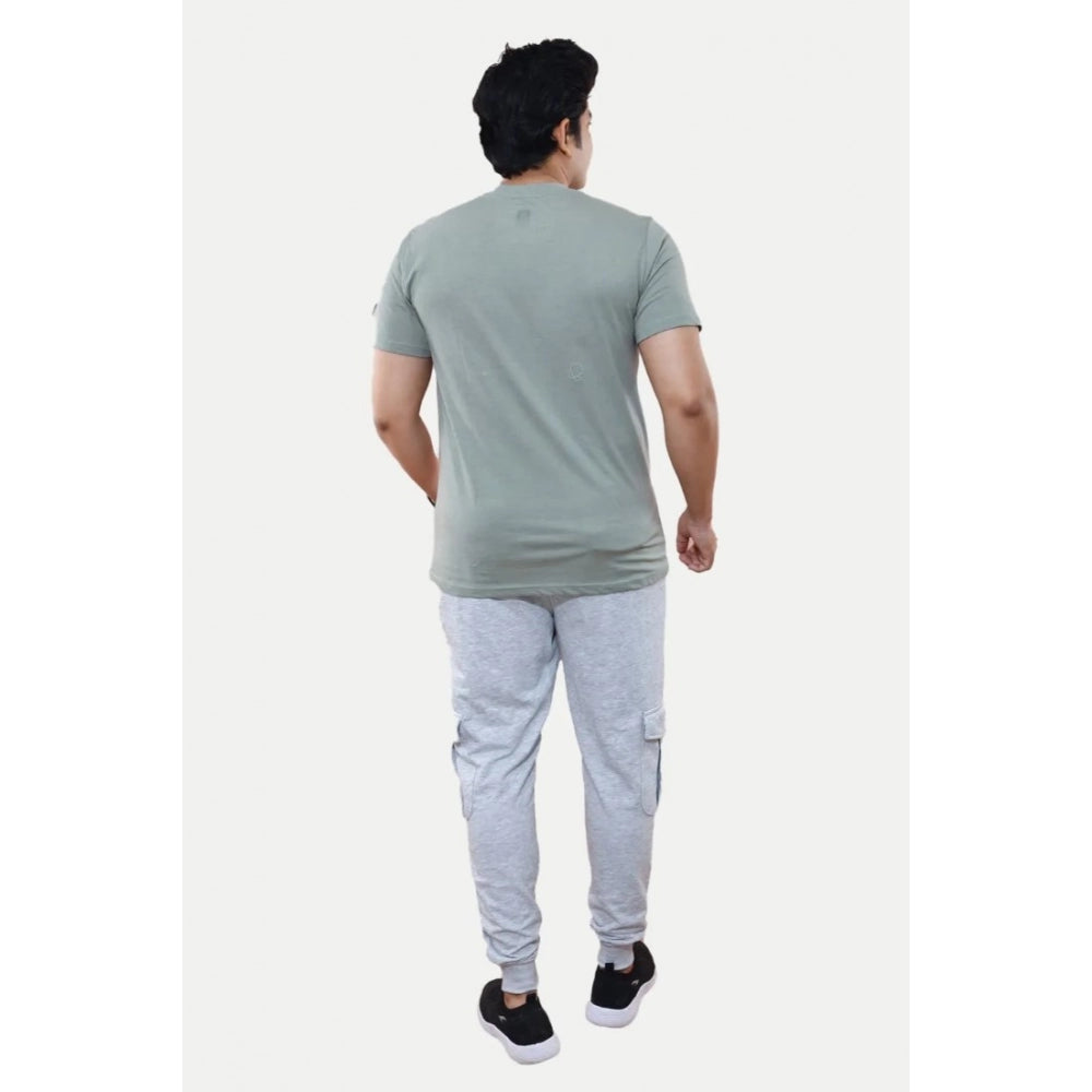 Grey cotton half sleeve printed men's casual crew neck t-shirt with typographic design on chest