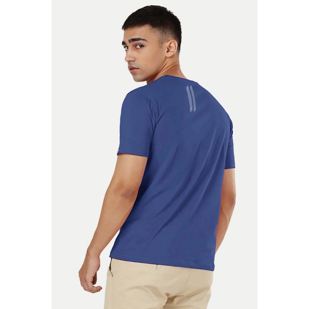 Blue solid polyester men's casual half sleeve crew neck t-shirt on hangar