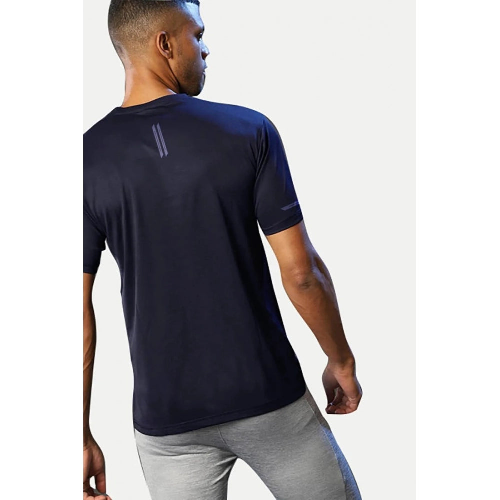 Navy polyester men's casual half-sleeve solid crew neck T-shirt for everyday wear