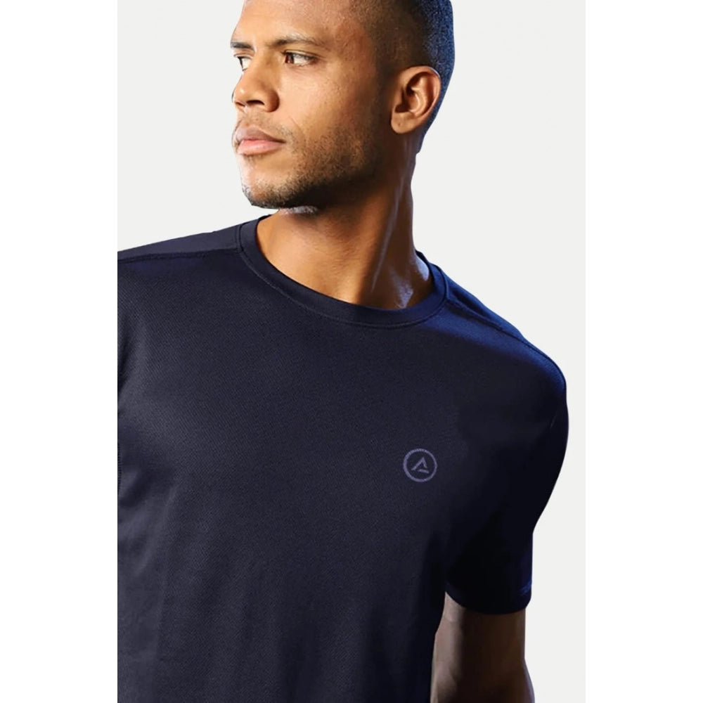 Navy polyester men's casual half sleeve solid crew neck T-shirt - regular fit, wearable on a hanger
