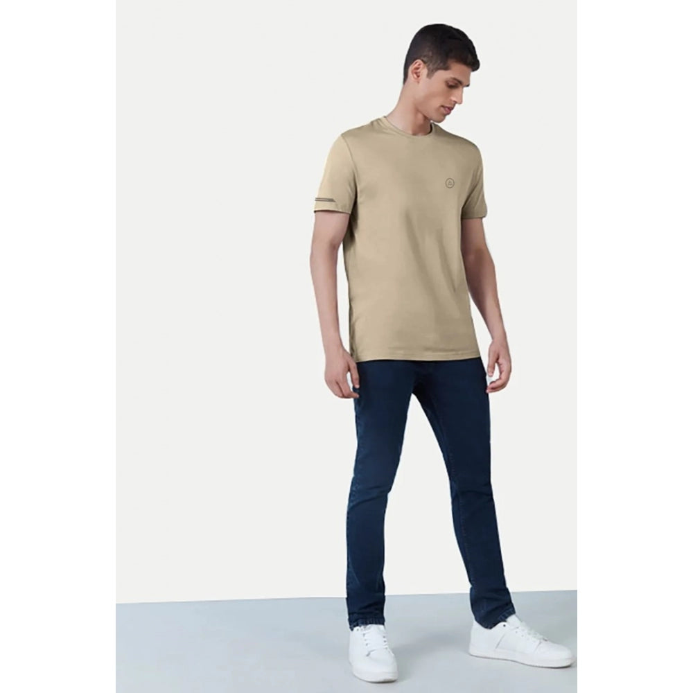 Beige polyester half-sleeve crew neck t-shirt for men - solid design, ideal for casual wear