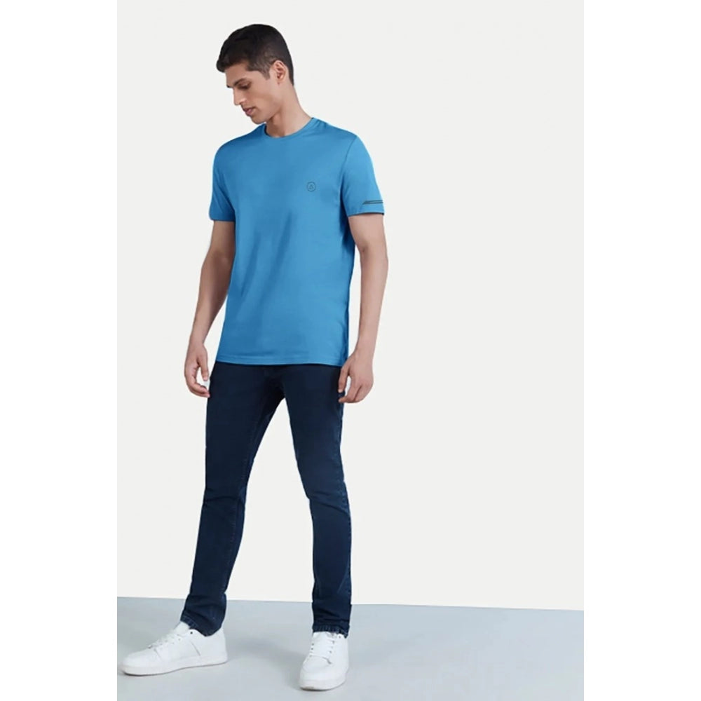 Men's Casual Half sleeve Solid Polyester Crew Neck T-shirt (Light Blue)