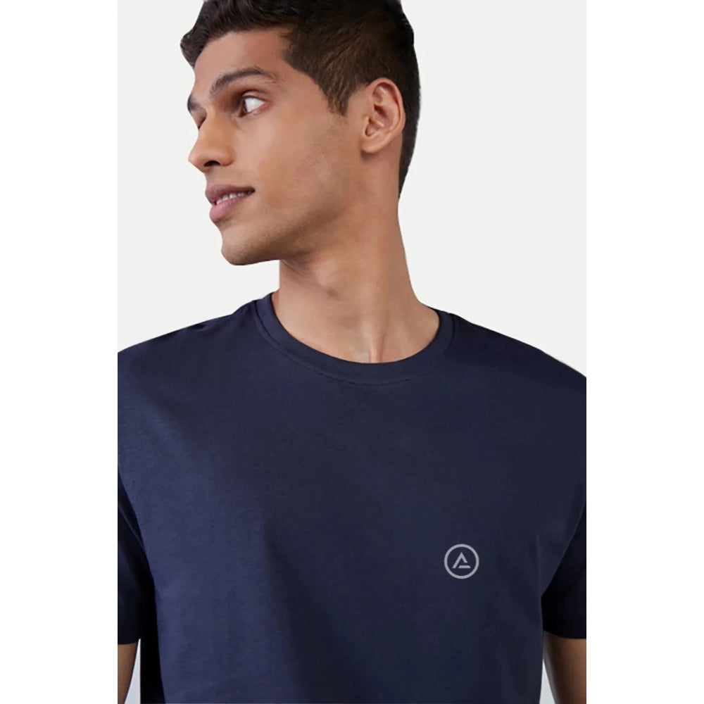 Navy polyester men's casual half-sleeve solid crew neck t-shirt on model, regular fit