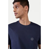 Navy polyester men's casual half-sleeve solid crew neck t-shirt on model, regular fit