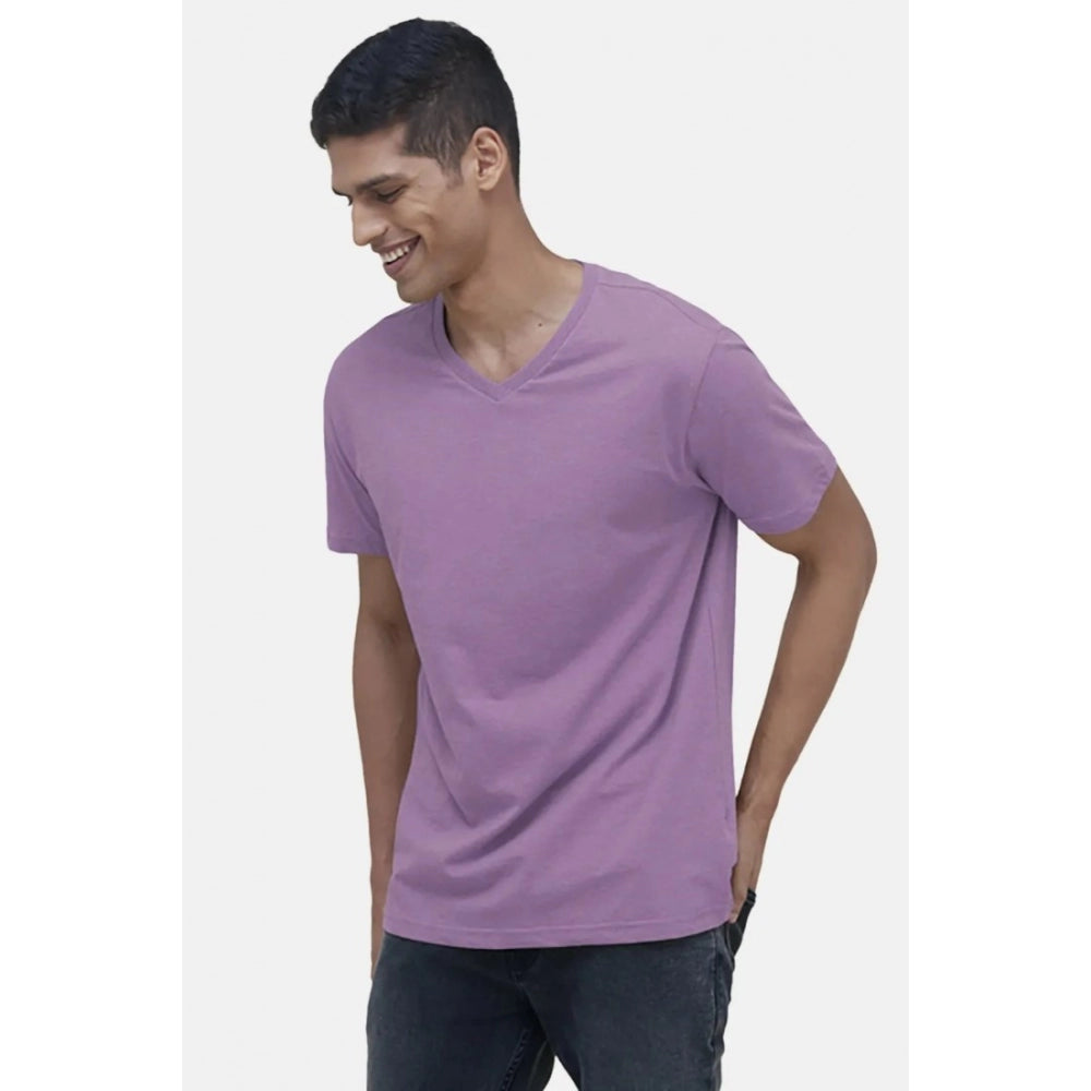 Lilac cotton half-sleeve V-neck t-shirt for men - solid design with regular fit
