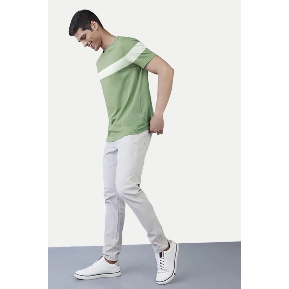 Light Green striped cotton men's casual half sleeve crew neck T-shirt for relaxed fit