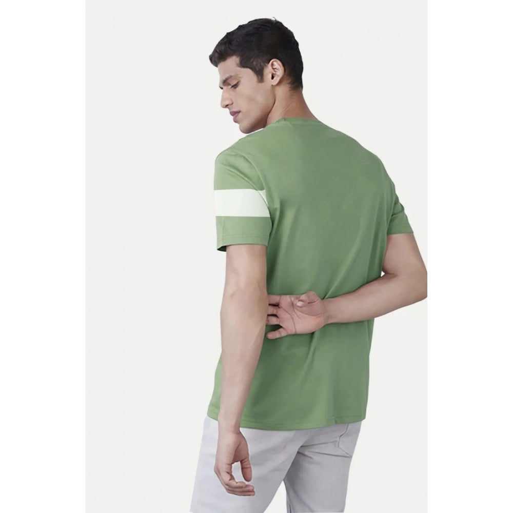 Light Green cotton striped men's casual half sleeve crew neck t-shirt with comfortable fit