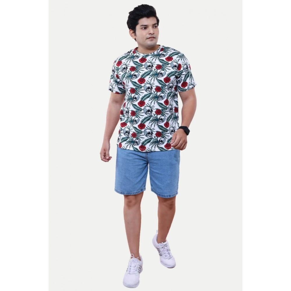 Men's Casual Half sleeve Floral Printed Cotton Crew Neck T-shirt (White) - GillKart