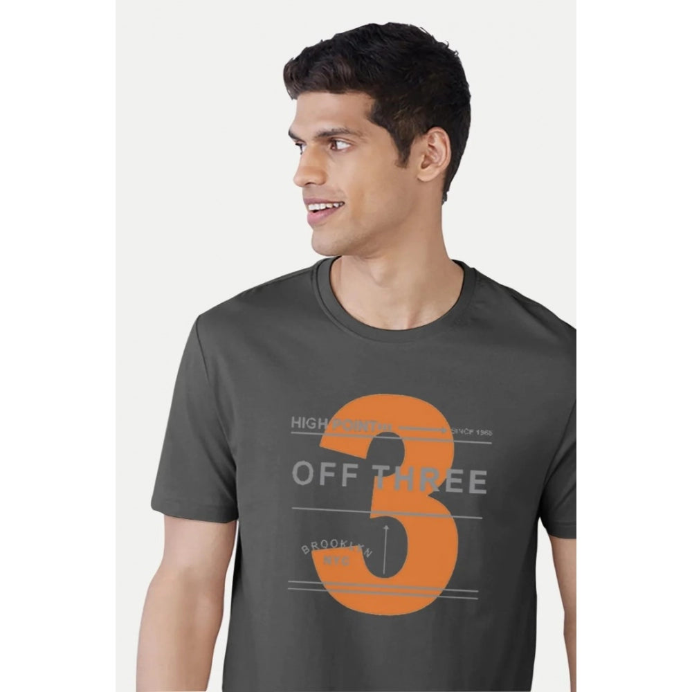 Black printed cotton men's casual half-sleeve crew neck t-shirt with comfortable fit, displaying vibrant print detail