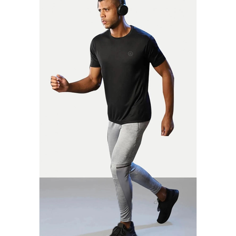 Black polyester men's casual half sleeve crew neck t-shirt with solid design, suitable for everyday wear