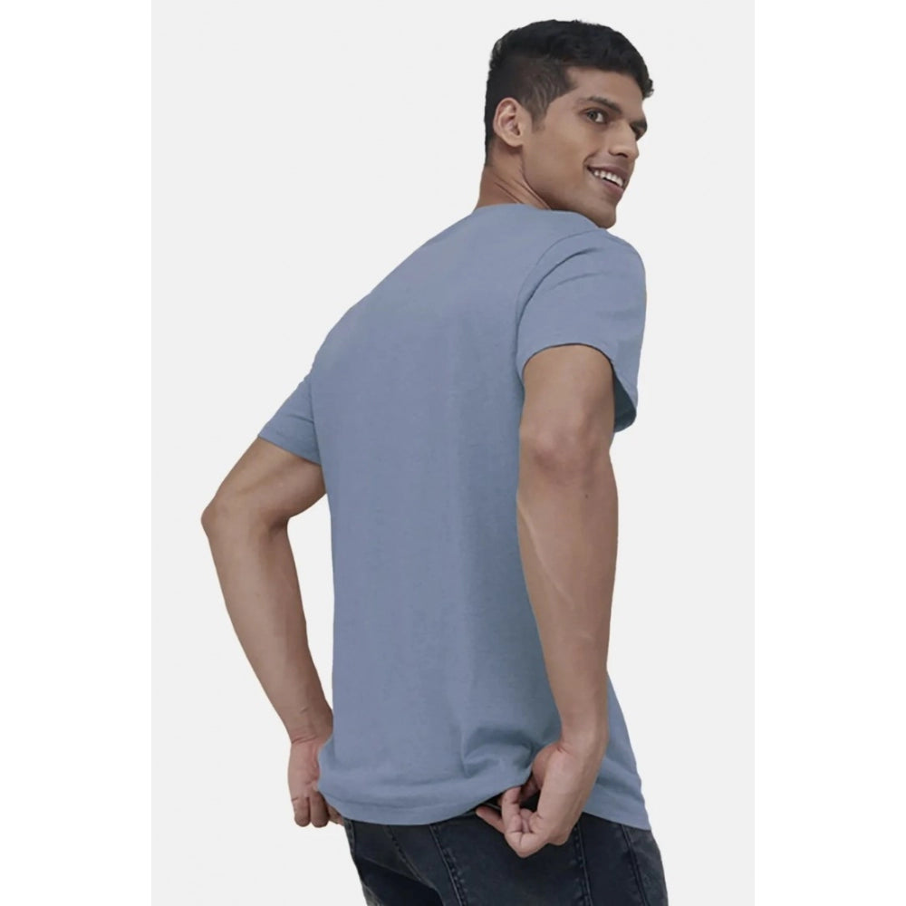 Men's Casual Half sleeve Solid Cotton V Neck T-shirt (Blue) - GillKart