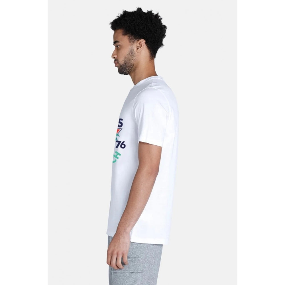 White polyester men's casual half sleeve crew neck t-shirt with typographic print, comfortable fit