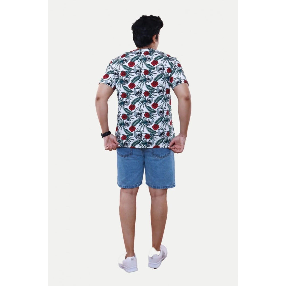 Men's Casual Half sleeve Floral Printed Cotton Crew Neck T-shirt (White) - GillKart