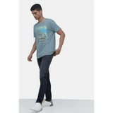 Teal digital printed cotton half-sleeve crew neck t-shirt for men's casual wear