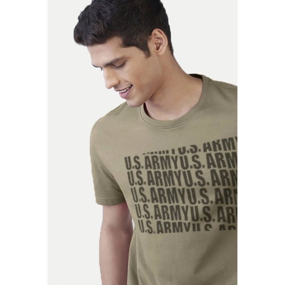 Green cotton men's casual half sleeve printed crew neck t-shirt with typographic design, relaxed fit on mannequin