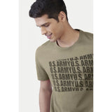 Green cotton men's casual half sleeve printed crew neck t-shirt with typographic design, relaxed fit on mannequin