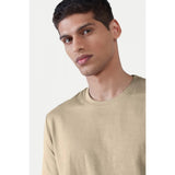 Beige polyester men's casual half sleeve crew neck T-shirt - solid design for everyday wear