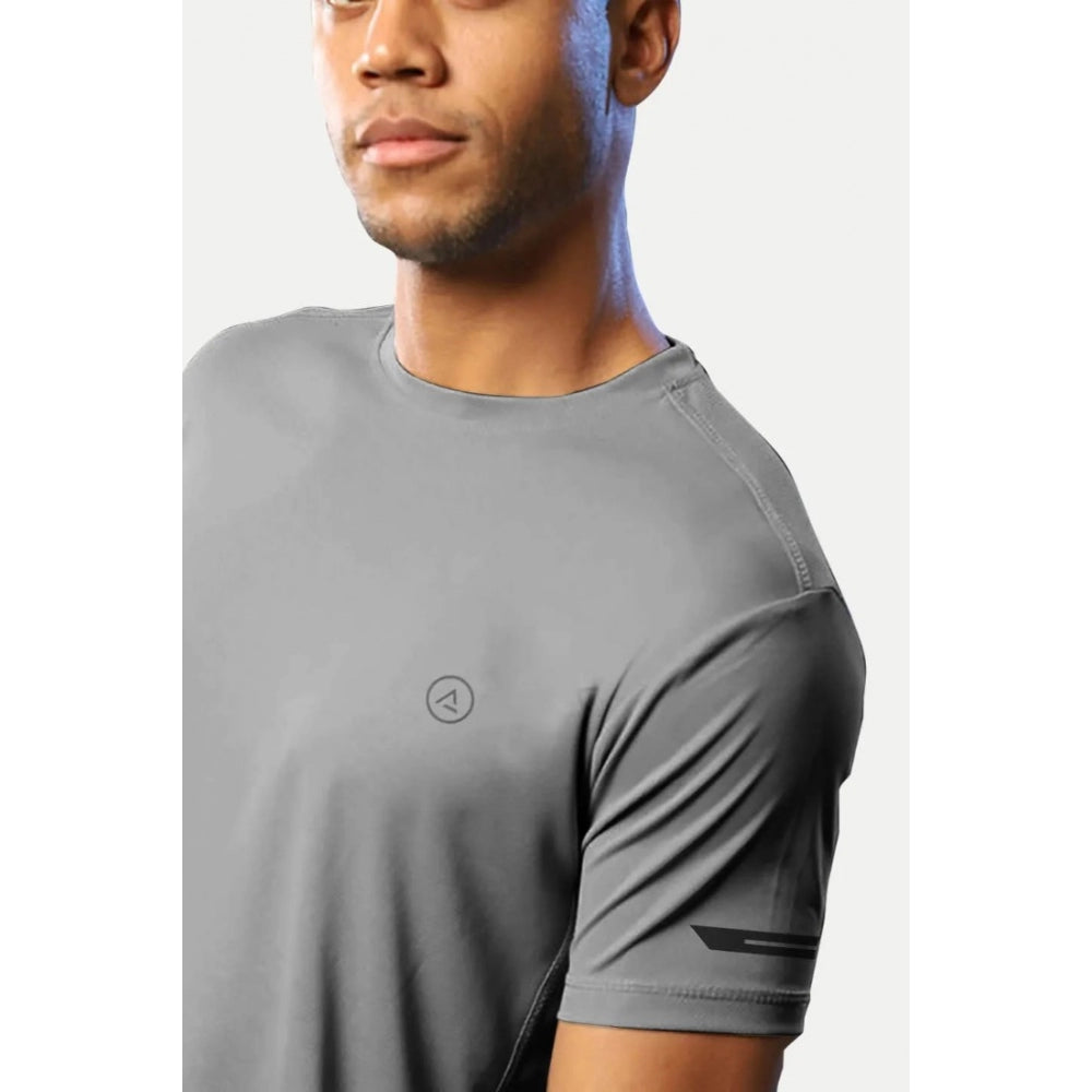 Grey polyester men's casual half-sleeve solid crew neck T-shirt with regular fit, modeled on a hanger