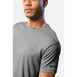 Grey polyester men's casual half-sleeve solid crew neck T-shirt with regular fit, modeled on a hanger