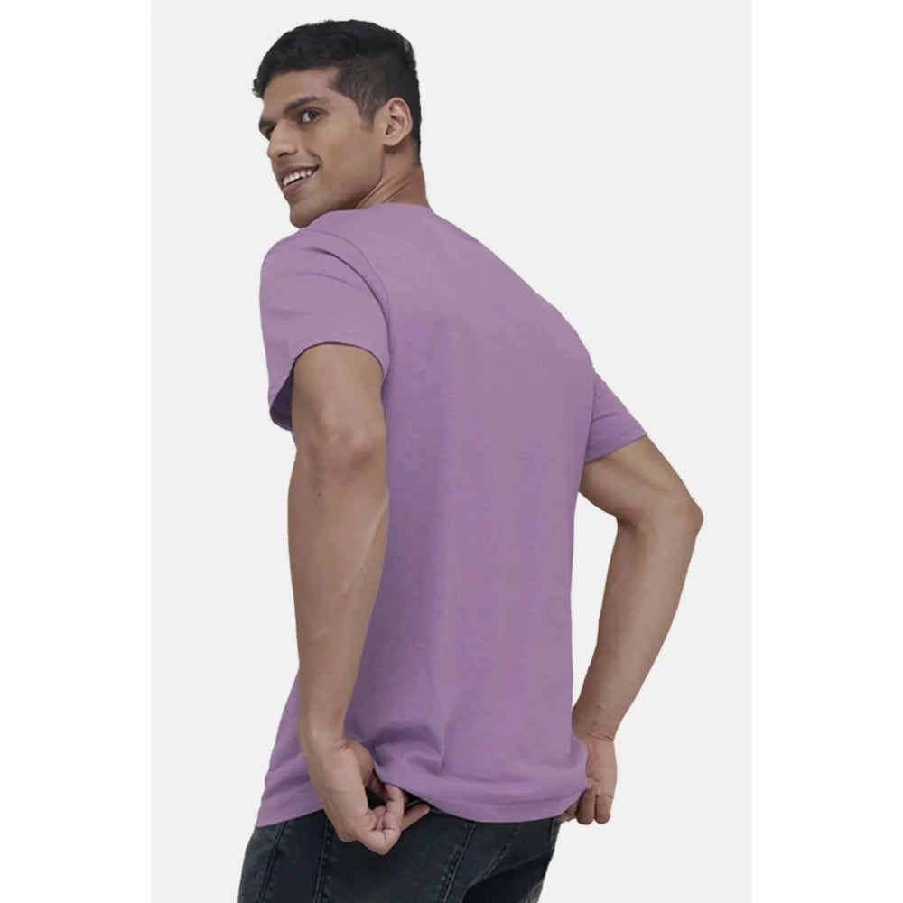 Lilac cotton half-sleeve V-neck T-shirt for men - solid design with regular fit