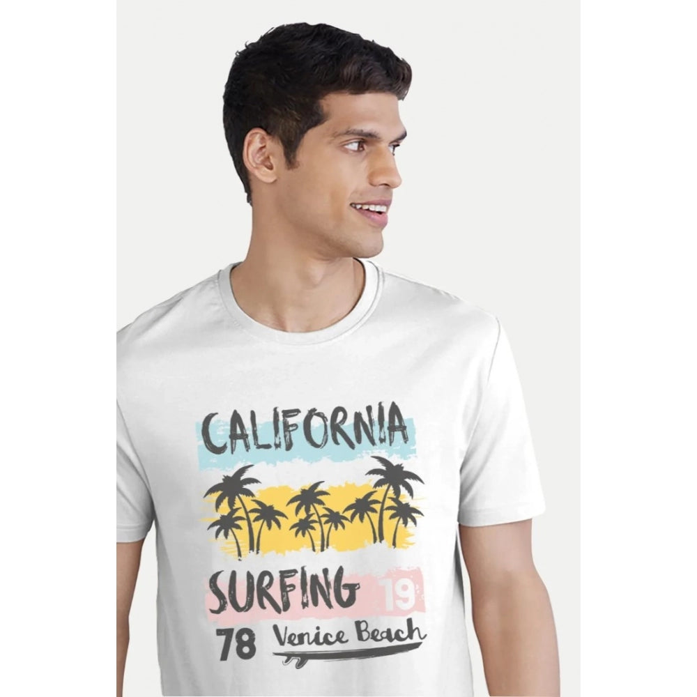 Men's Casual Half sleeve Printed Polyester Crew Neck T-shirt (White) - GillKart