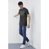 Dark grey printed cotton half sleeve t-shirt for men, casual round neck style, regular fit