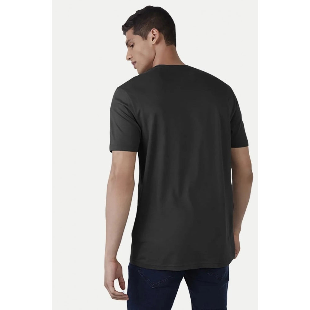 Black cotton casual half sleeve typographic printed crew neck men's t-shirt with relaxed fit, displayed on hanger