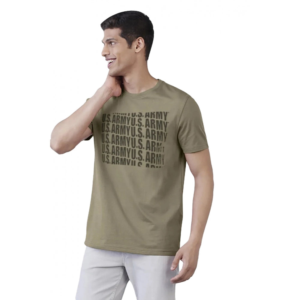 Green cotton men's casual half sleeve typographic printed crew neck T-shirt with relaxed fit