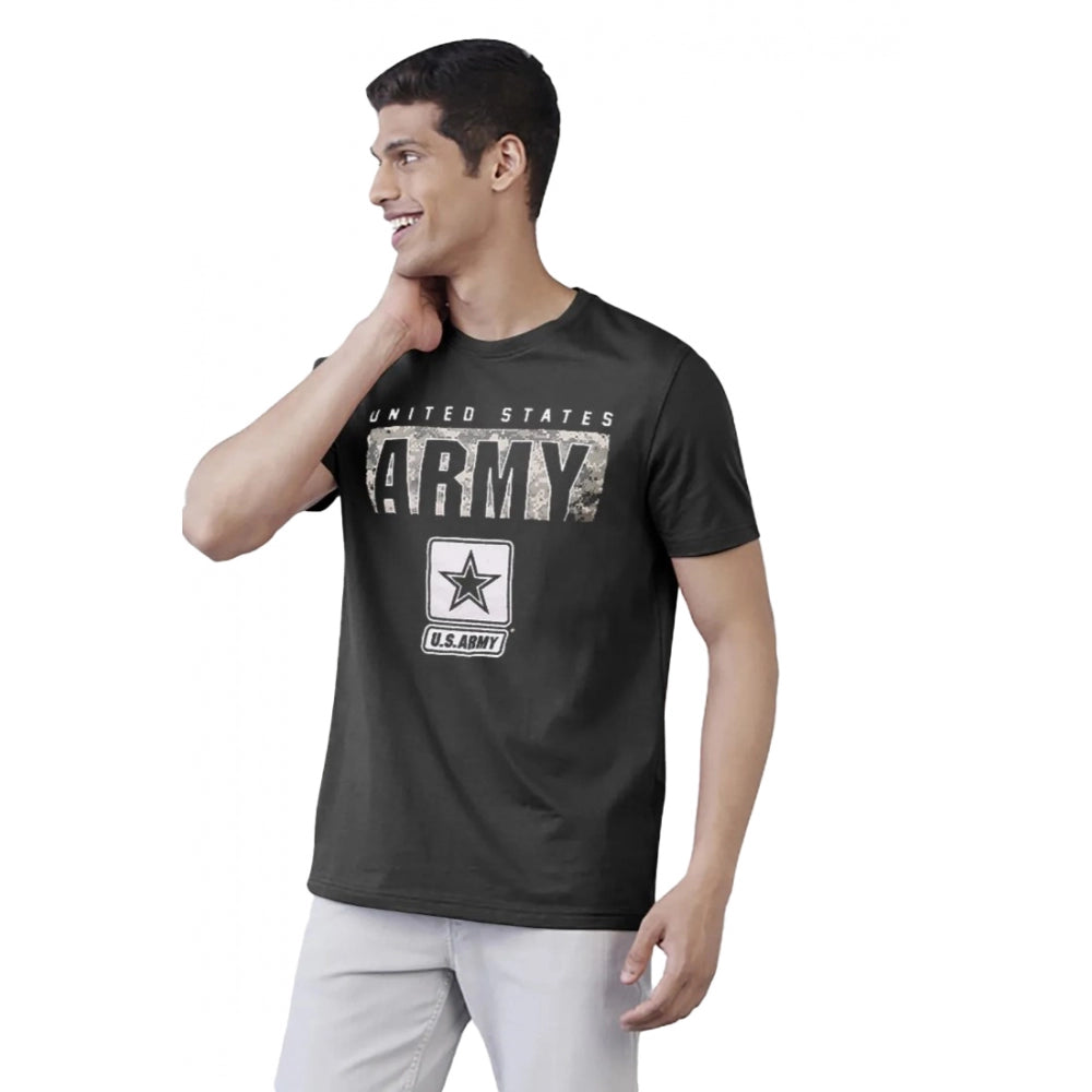 Dark grey printed cotton half sleeve round neck t-shirt for men, casual fit