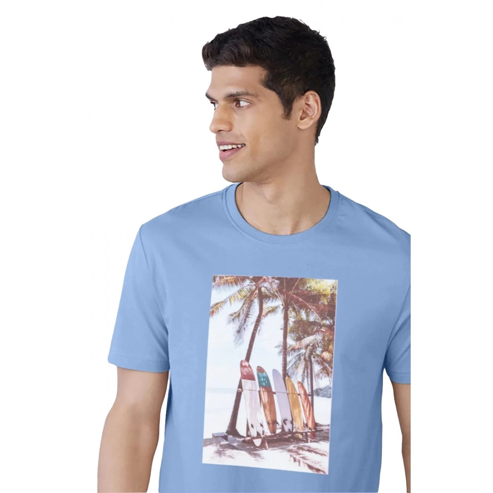 Sky blue digital printed cotton crew neck men's casual half sleeve t-shirt - ideal for everyday wear