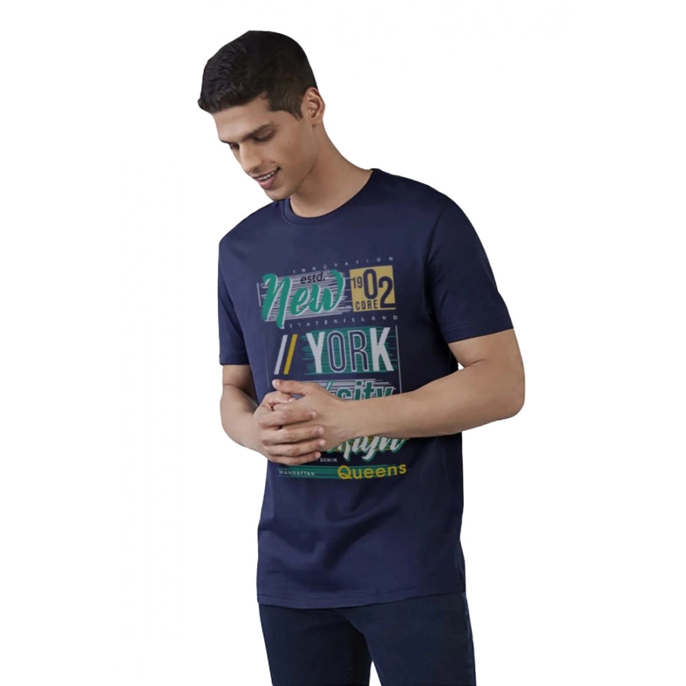 Navy printed typographic men's casual half sleeve crew neck T-shirt with comfortable fit