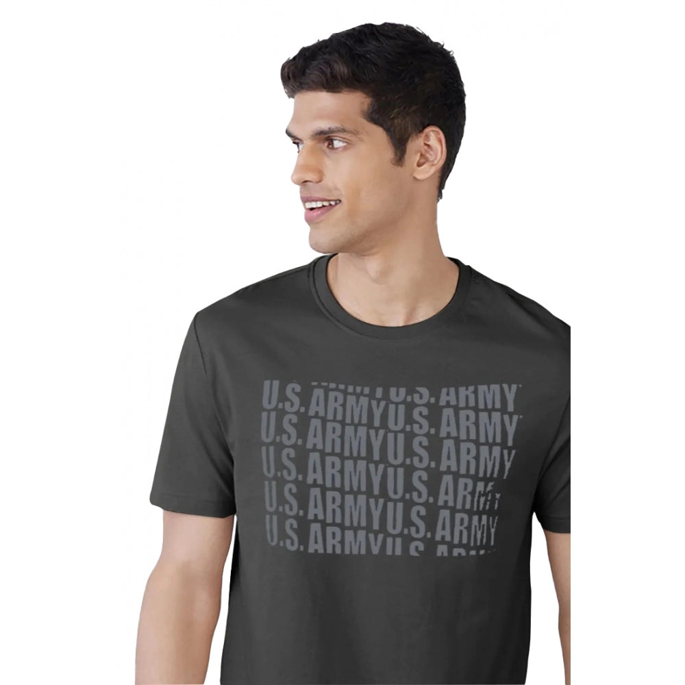 Dark grey printed cotton half sleeve round neck casual t-shirt for men on display