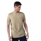 Beige polyester men's casual half sleeve solid crew neck t-shirt with regular fit, ideal for everyday wear