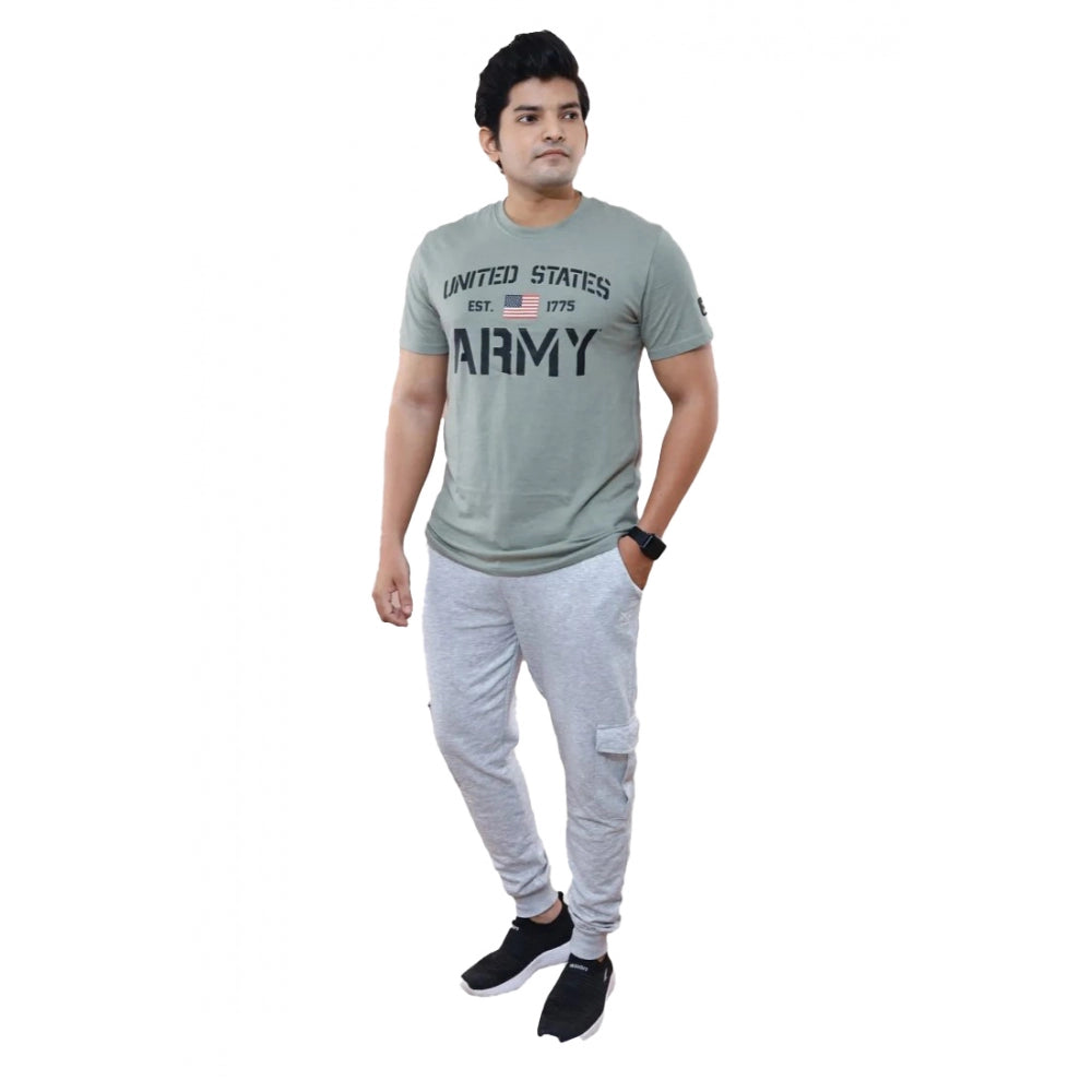 Grey cotton men's casual half sleeve printed typographic crew neck t-shirt, relaxed fit on model
