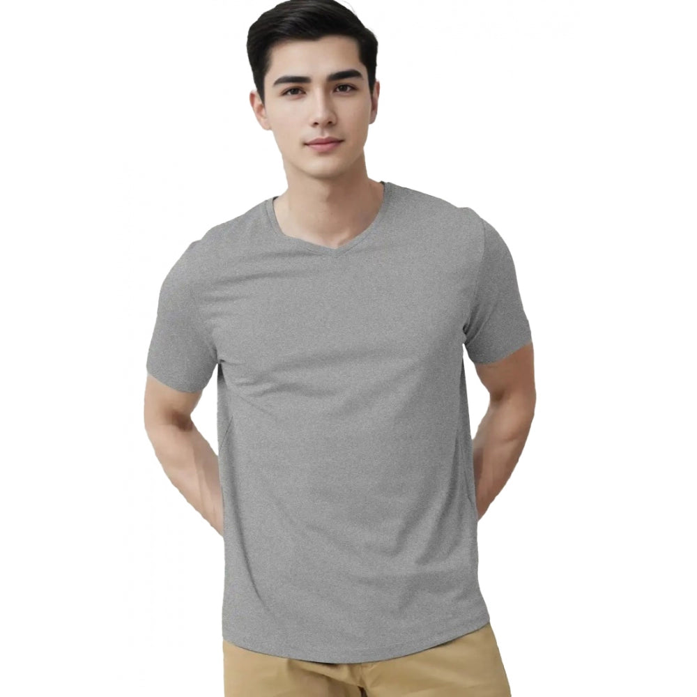 Grey Melange cotton men's casual half sleeve V-neck t-shirt - solid design for everyday wear