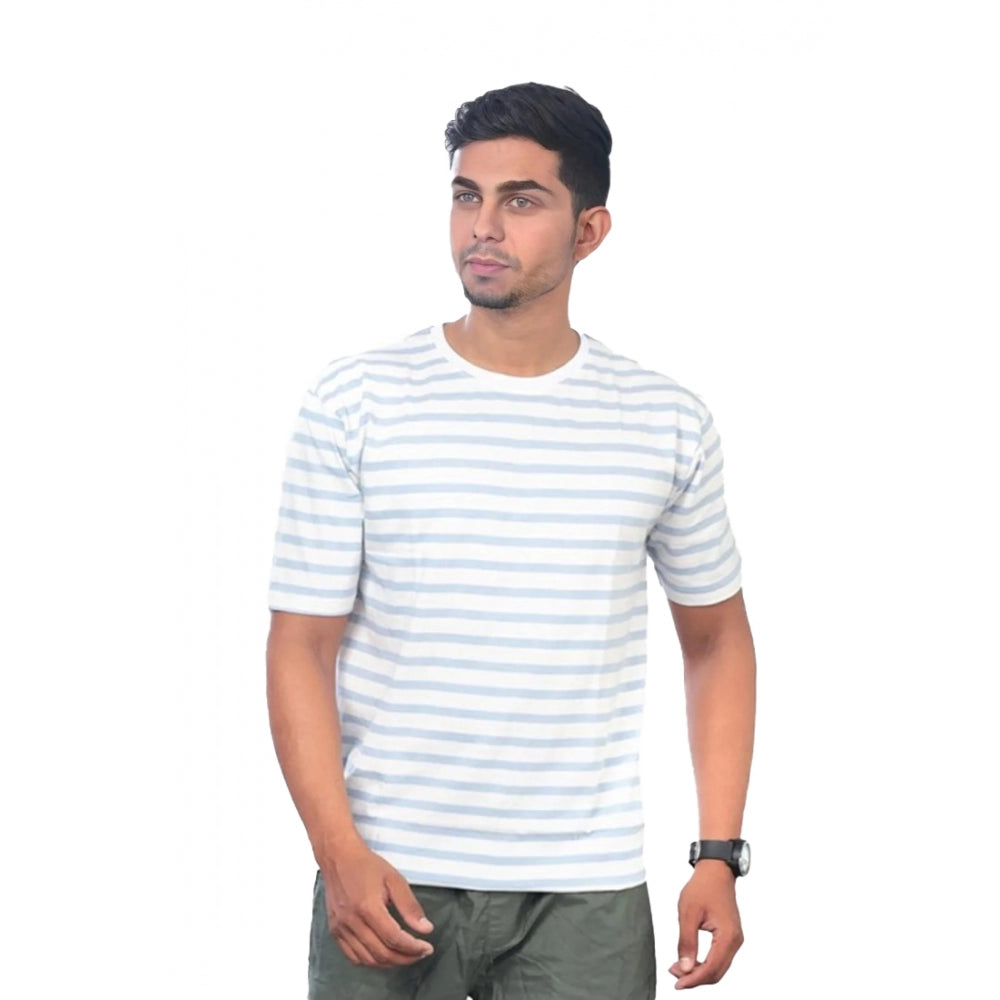 White striped cotton men's casual half sleeve crew neck T-shirt, regular fit for everyday wear