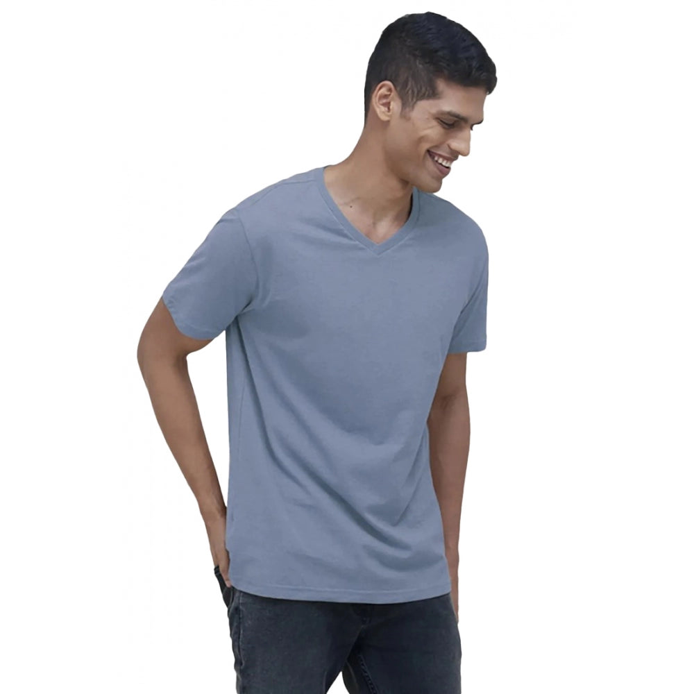 Men's Casual Half sleeve Solid Cotton V Neck T-shirt (Blue) - GillKart