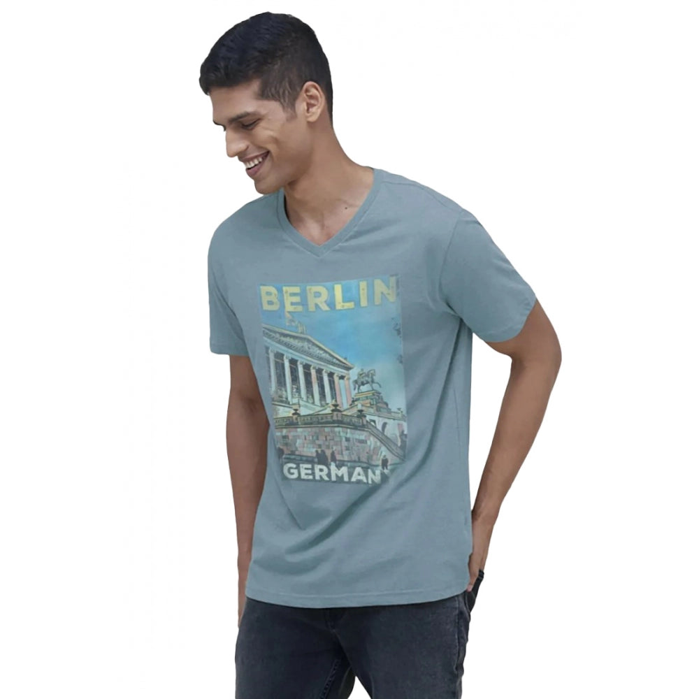 Teal digital printed cotton half-sleeve crew neck t-shirt for men - casual, regular fit style