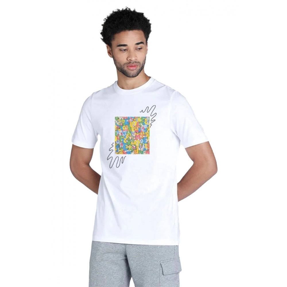 White printed typographic men's casual half sleeve crew neck polyester t-shirt, comfortable fit