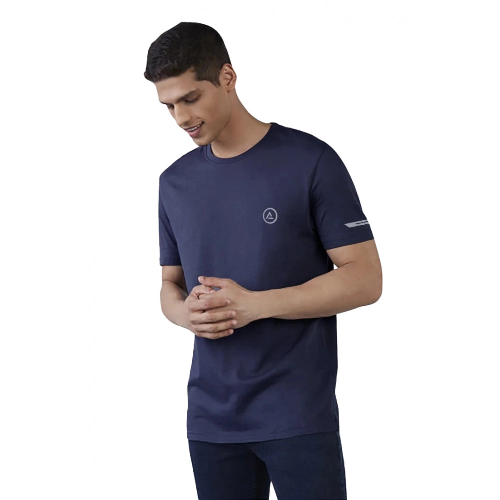 Navy polyester men's casual half sleeve solid crew neck T-shirt, regular fit
