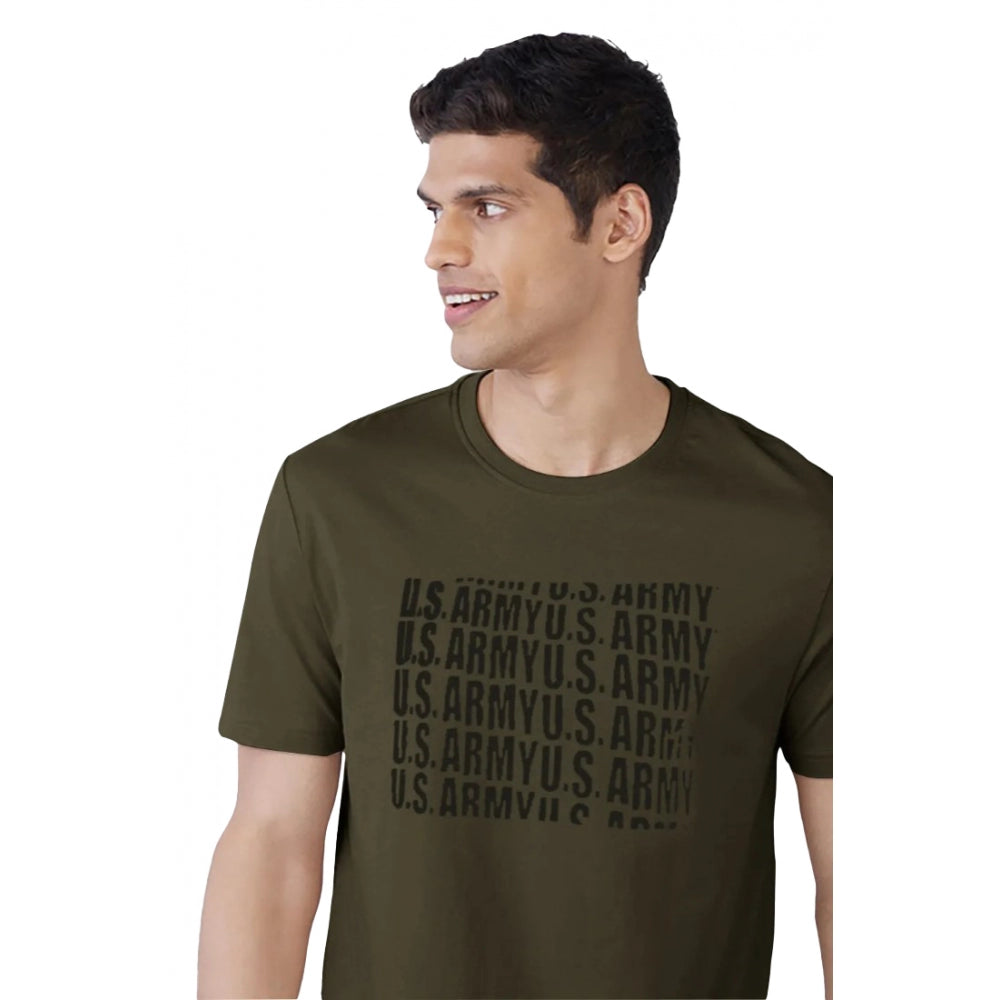 Dark Green printed cotton casual half sleeve crew neck t-shirt for men - typographic pattern on display